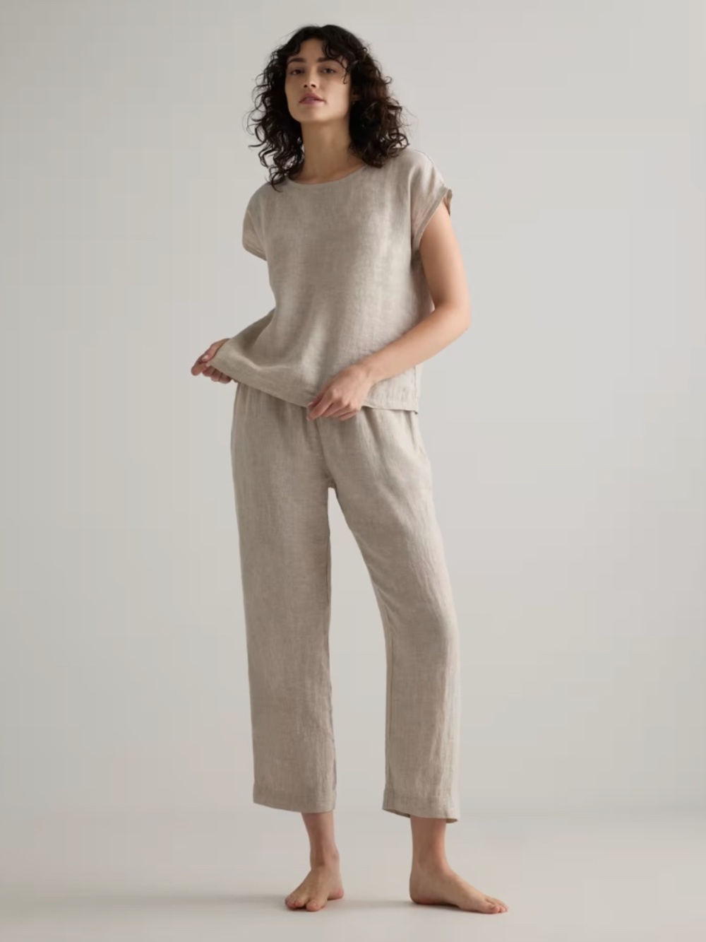 Quince Linen Pajama Set - Relaxed Short Sleeve Top & Wide Leg Pants - Picture 2 of 15